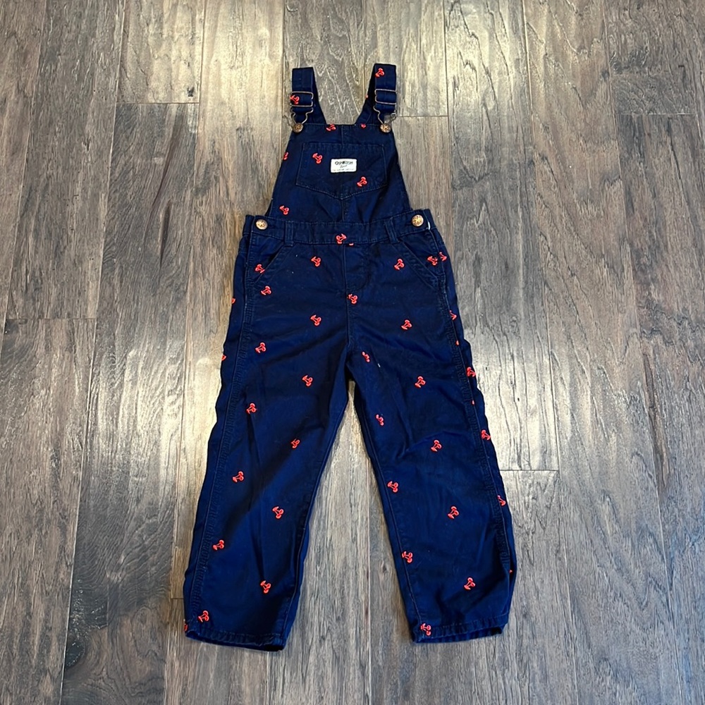 Vintage Look Oshkosh B’gosh Navy Blue and Red Cherry Embroidered Overalls | 4T